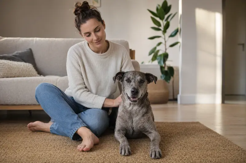 Ein entspannter Texas Blue Lacy sitzt neben seinem Halter in einer hellen Wohnung