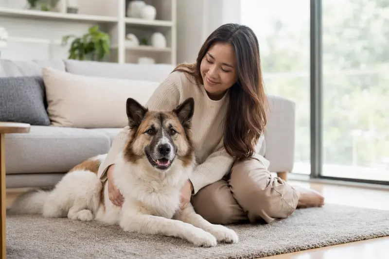 Ein entspannter Thai Bangkaew Hund sitzt neben seinem Besitzer in einer hellen Wohnung.