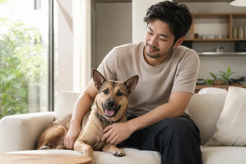 Ein gesunder Thai-Hund sitzt entspannt neben seinem Besitzer in einer modernen Wohnung und strahlt Vertrauen aus.