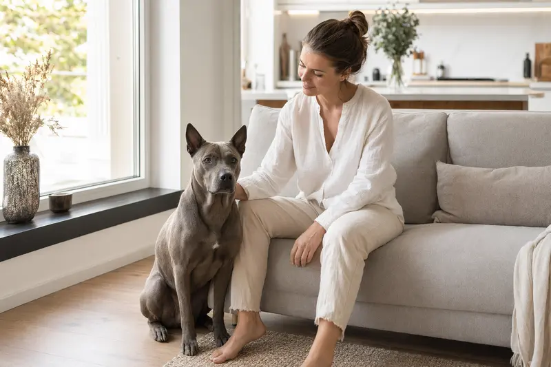 Ein glücklicher Thai Ridgeback sitzt entspannt neben seinem Halter in einer modernen Wohnung.