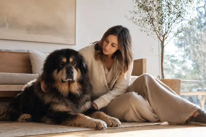 Glückliche Tibet Dogge sitzt entspannt neben ihrem Halter in einer hellen Wohnung als vertrauensvolles Hero-Bild für den Hundeschutz.
