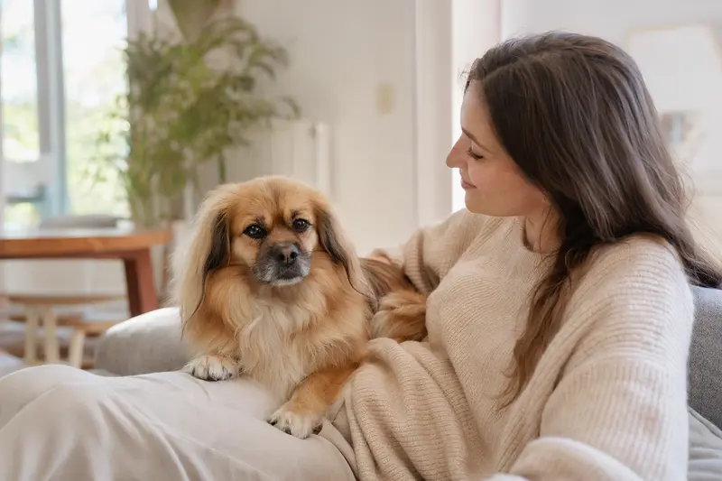 Ein glücklicher Tibet-Spaniel sitzt entspannt neben seinem Besitzer in einer modernen Wohnung.