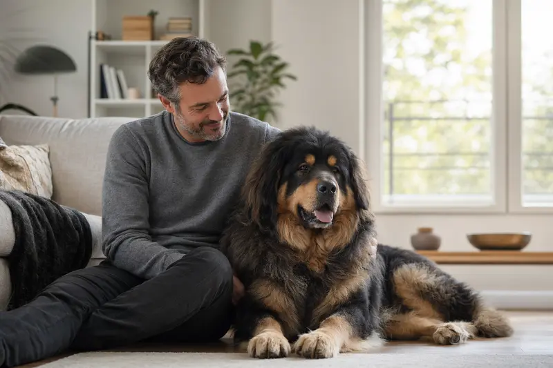 Ein glücklicher Tibetanischer Mastiff sitzt entspannt neben seinem Halter in einer hellen modernen Wohnung mit natürlichem Licht.