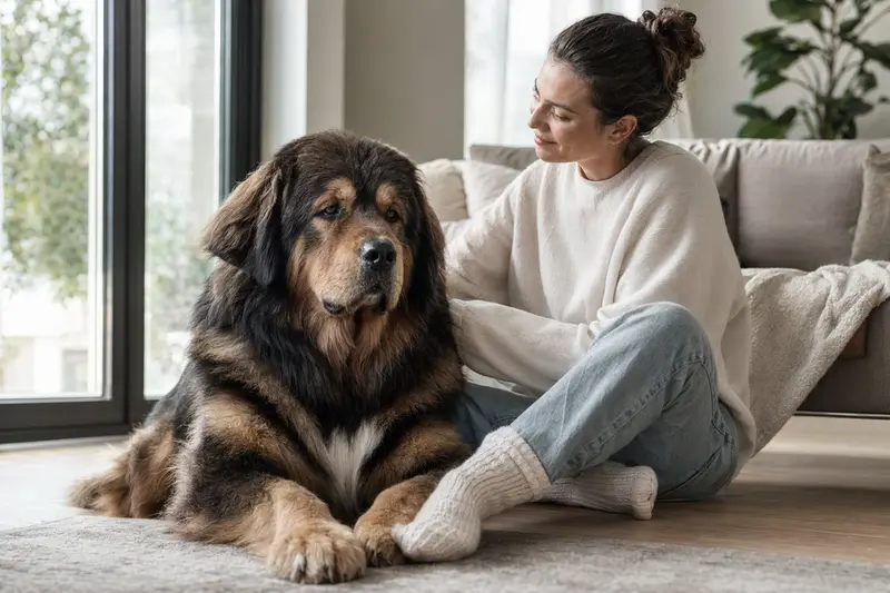 Ein zufriedener Tibetdogge sitzt entspannt neben seinem Halter in einer hellen, modernen Wohnung.