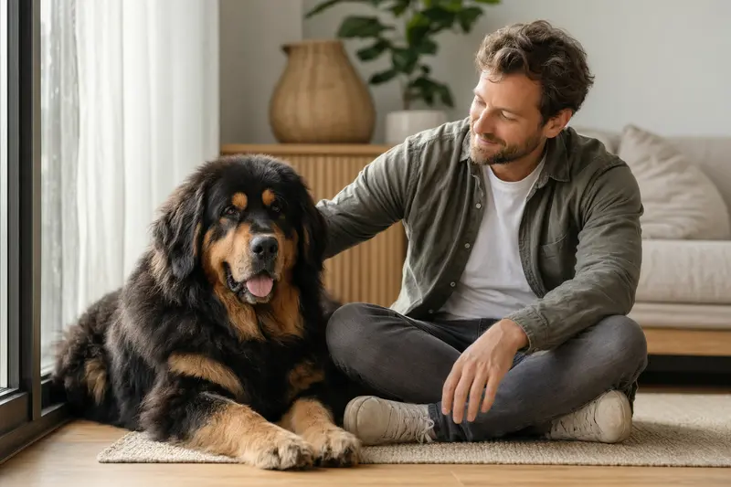 Ein glücklicher Tibetischer Mastiff sitzt entspannt neben seinem Besitzer in einer modernen Wohnung.