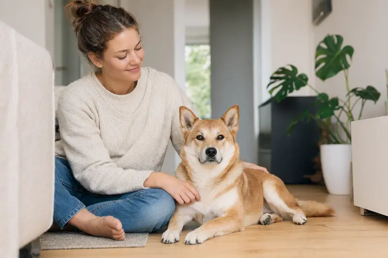 Glücklicher Tora Inu sitzt entspannt neben seinem Besitzer in einer modernen Wohnung.