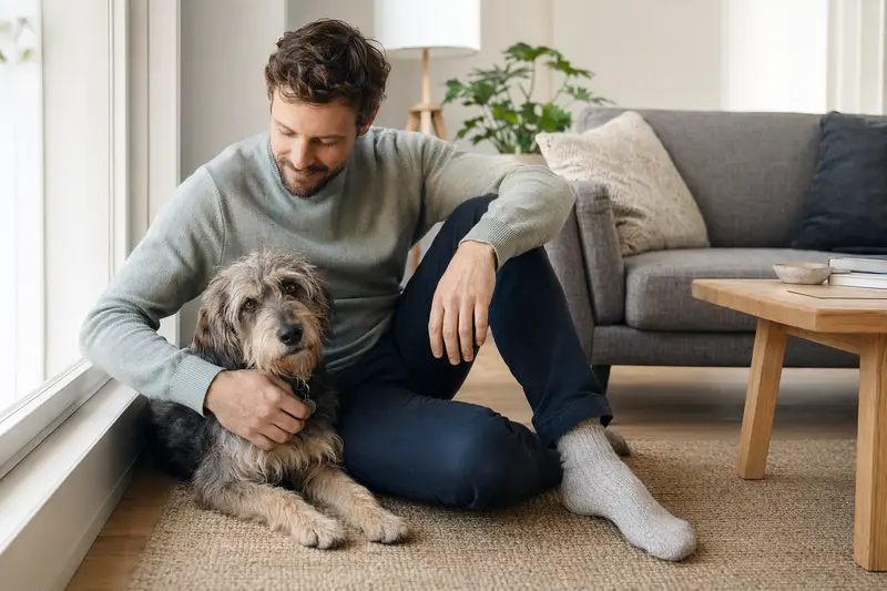 Ein gesunder Torfhund entspannt neben seinem Besitzer in einer hellen Wohnung.