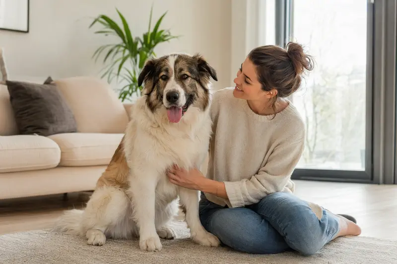 Ein glücklicher Tornjak sitzt entspannt neben seinem Besitzer in einer modernen Wohnung und strahlt Vertrauen aus.