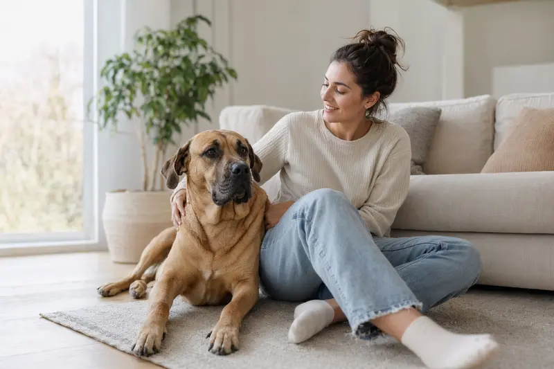 Ein glücklicher Tosa Inu sitzt entspannt neben seinem Halter in einer modernen Wohnung und strahlt Vertrauen aus.