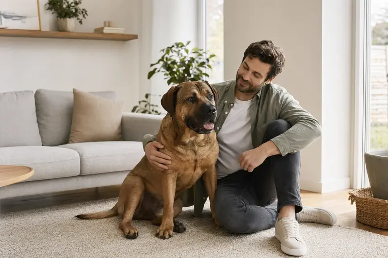 Ein glücklicher Tosa sitzt entspannt neben seinem Besitzer in einer hellen Wohnung und genießt die liebevolle Atmosphäre.
