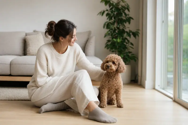 Ein glücklicher Toy-Pudel sitzt entspannt neben seinem Halter in einer hellen Wohnung und vermittelt Vertrauen, Gesundheit und Sicherheit für die Hundekrankenversicherung.
