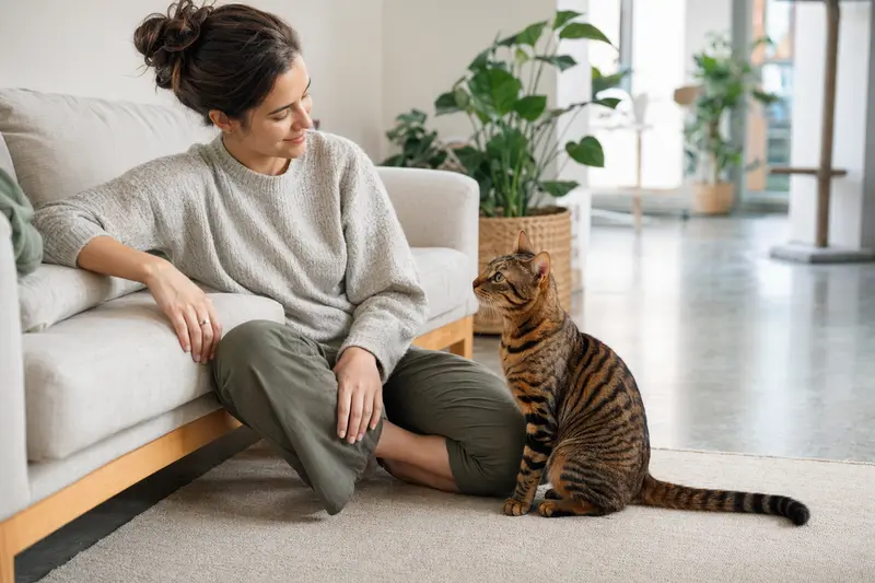 Ein gesunder Toyger sitzt entspannt neben seinem Besitzer in einer modernen Wohnung.