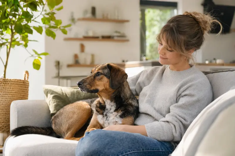 Ein freundlicher Transsylvanischer Spürhund sitzt entspannt neben seinem Halter in einer hellen modernen Wohnung und vermittelt Vertrauen rund um die Hundeversicherung.
