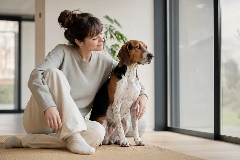 Ein glücklicher Treeing Walker Coonhound sitzt entspannt neben seinem Halter in einer hellen Wohnung, passend zum Thema Hundekrankenversicherung.