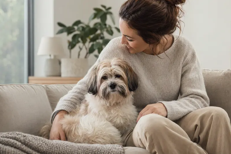 Ein glücklicher Tsang Apso sitzt entspannt neben seinem Halter in einer hellen Wohnung und vermittelt eine vertrauensvolle Atmosphäre für das Thema Hundeversicherung.