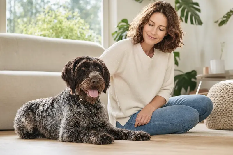 Ein freundlicher Tschechischer Stichelhaar sitzt entspannt neben seinem Halter in einer hellen modernen Wohnung und vermittelt eine vertrauensvolle Atmosphäre rund um die Hundeversicherung.
