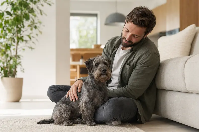 Ein freundlicher Tschechischer Terrier sitzt entspannt neben seinem Halter in einer hellen modernen Wohnung als vertrauensvolles Hero-Bild zur Hundeversicherung.