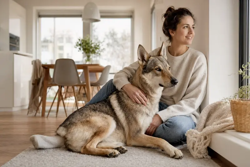 Ein glücklicher Tschechoslowakischer Wolfshund sitzt entspannt neben seinem Halter in einer hellen Wohnung und vermittelt Vertrauen rund um Hundegesundheit und Versicherung.