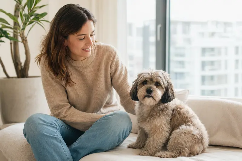 Ein glücklicher Tsvetnaya Bolonka sitzt entspannt neben seinem Besitzer in einer hellen Wohnung und vermittelt Vertrauen rund um die Hundeversicherung.