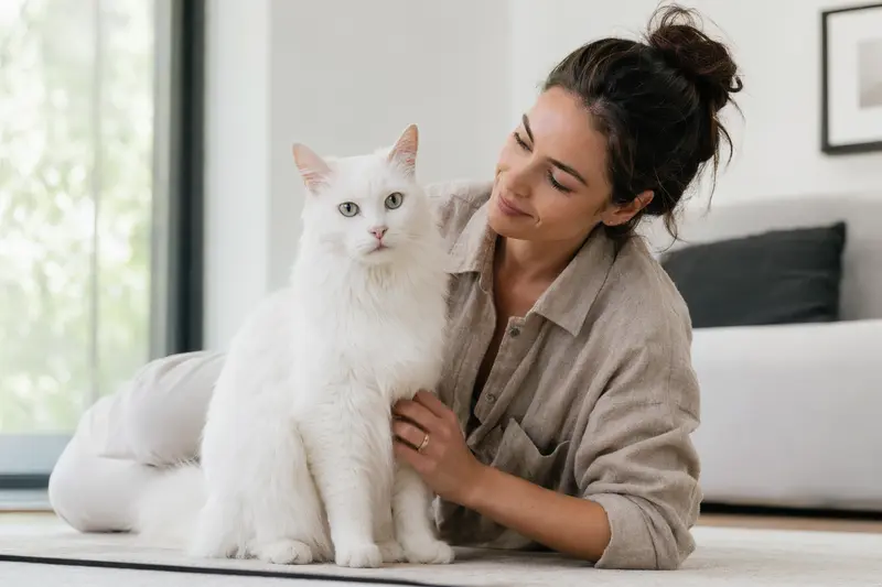 Ein gesunder Türkisch Angora sitzt entspannt neben seinem Besitzer in einer hellen modernen Wohnung.