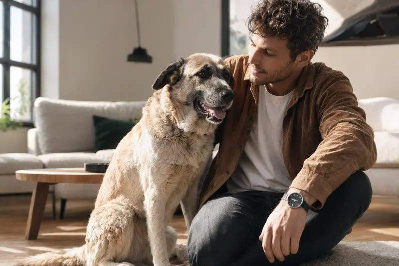 Glücklicher Türkischer Hirtenhund sitzt entspannt neben seinem Halter in einer hellen Wohnung, passend zum Thema Hundeversicherung und Tiergesundheit.