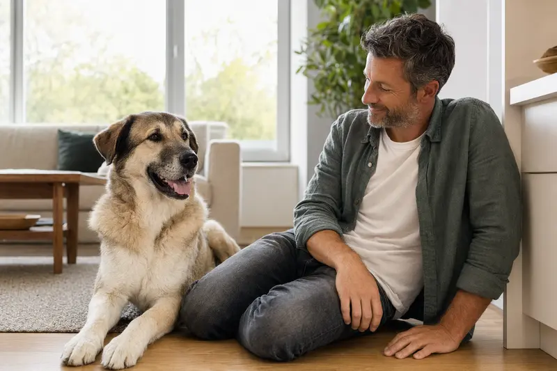 Ein glücklicher Türkischer Hütehund sitzt entspannt neben seinem Halter in einer hellen modernen Wohnung.