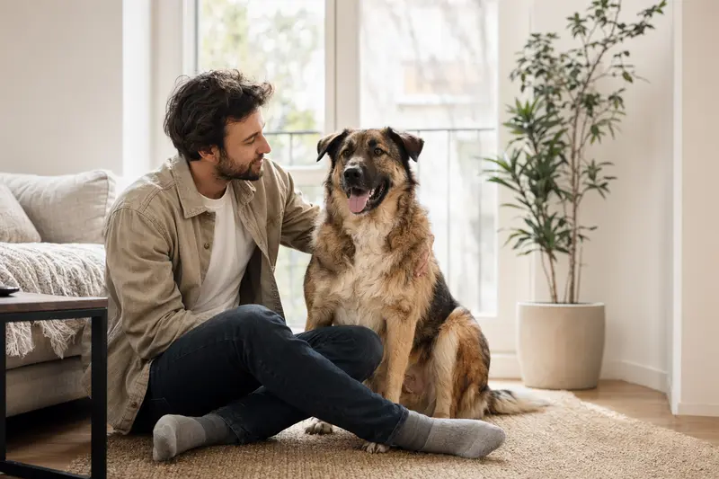 Ein glücklicher Türkischer Schäferhund sitzt entspannt neben seinem Halter in einer hellen modernen Wohnung mit natürlicher Lichtstimmung.