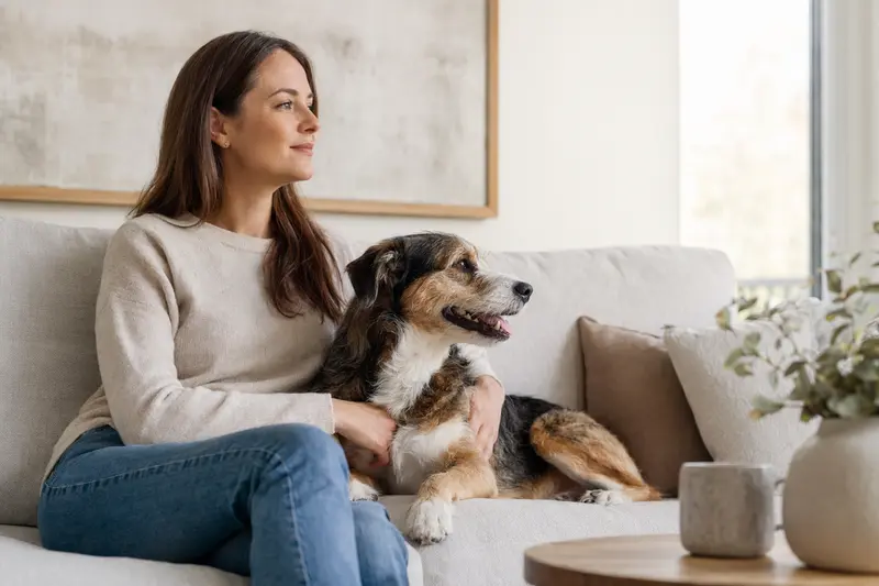 Ein glücklicher Turnspit Dog sitzt entspannt neben seinem Halter in einer hellen Wohnung und vermittelt eine vertrauensvolle Atmosphäre für Hundeversicherung und Tiergesundheit.