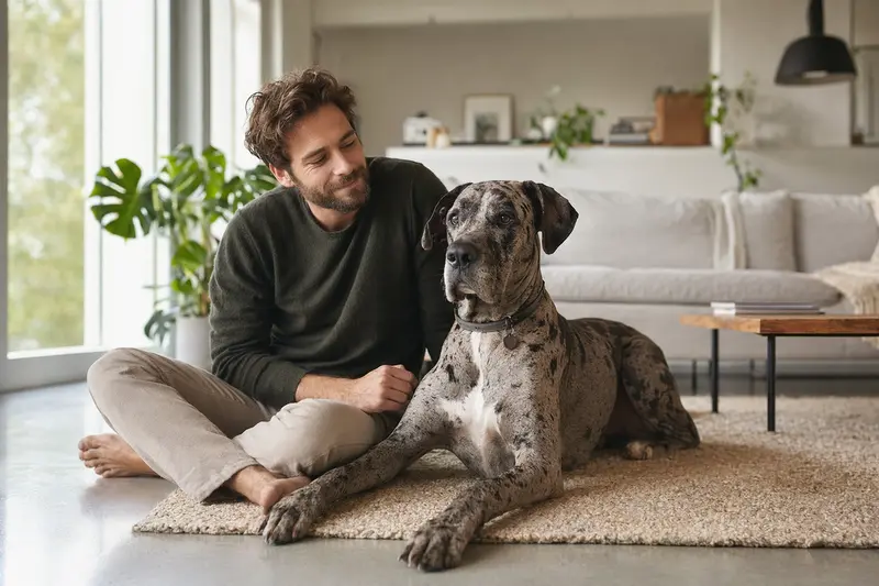 Glücklicher Ulmer Dogge sitzt entspannt neben seinem Besitzer in einer hellen Wohnung, passend zum Thema Hundekrankenversicherung.