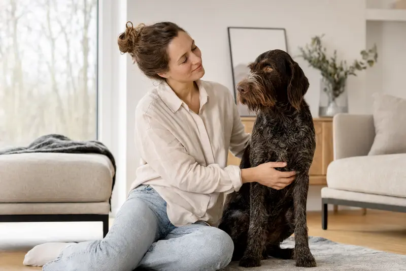 Ein gesunder Ungarisch Drahthaar sitzt entspannt neben seinem Halter in einer hellen modernen Wohnung und vermittelt Vertrauen sowie Sicherheit für eine Hundekrankenversicherung.