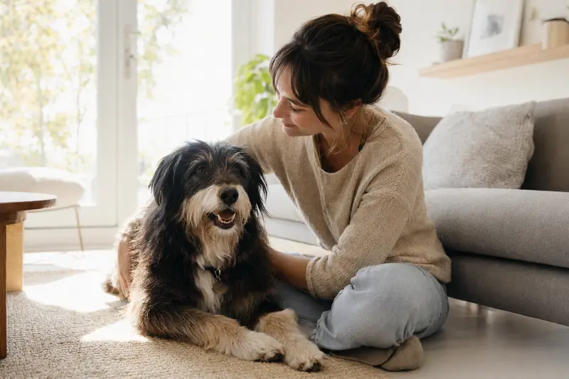 Ein glücklicher Hund mit seinem Halter sitzt entspannt in einer modernen Wohnung und vermittelt Vertrauen rund um die Hundegesundheit und Tierkrankenversicherung.