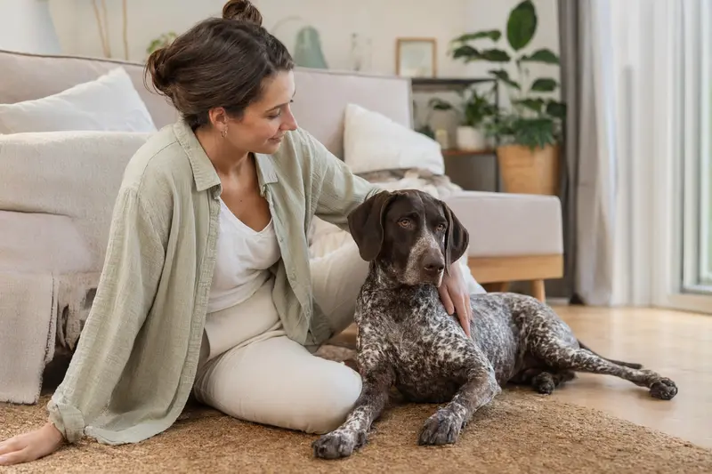 Ein glücklicher Ungarischer Kurzhaar sitzt entspannt neben seinem Halter in einer hellen Wohnung als modernes Hero-Bild zur Hundeversicherung.