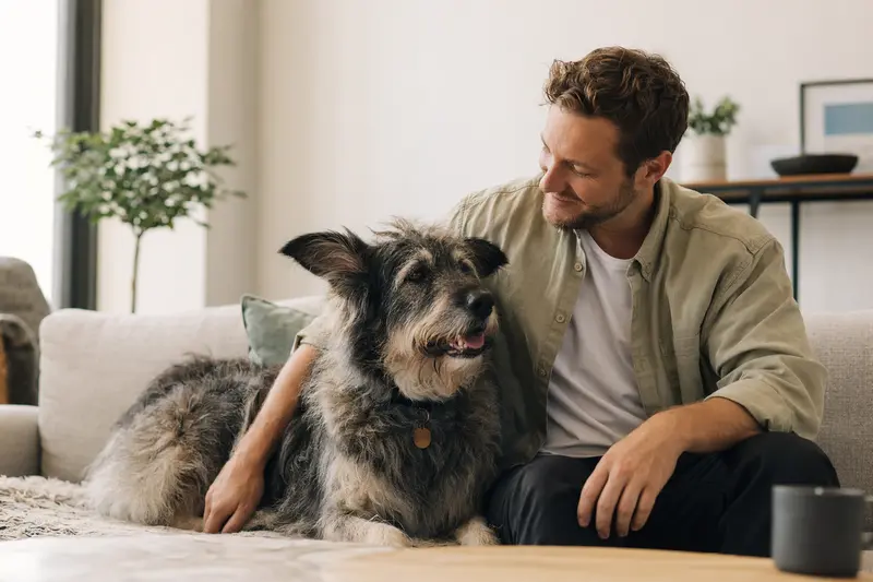 Glücklicher Ungarischer Schäferhund sitzt entspannt neben seinem Halter in einer hellen Wohnung mit hochwertiger Atmosphäre.