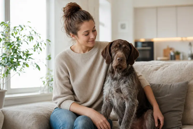 Ein glücklicher Ungarischer Vorstehhund sitzt entspannt neben seinem Halter in einer hellen modernen Wohnung.