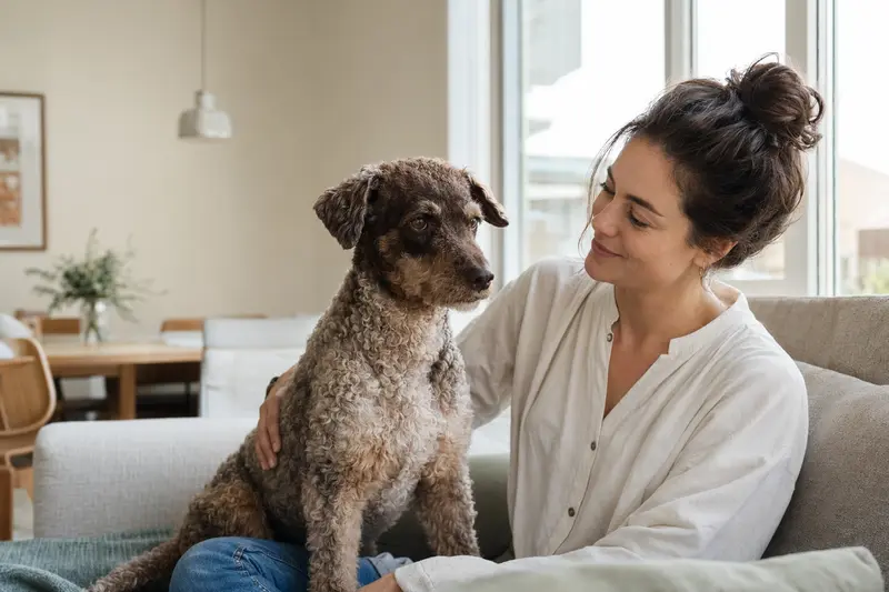Ein entspannter Ural Rex sitzt neben seinem Besitzer in einer modernen Wohnung und strahlt Vertrauen aus.