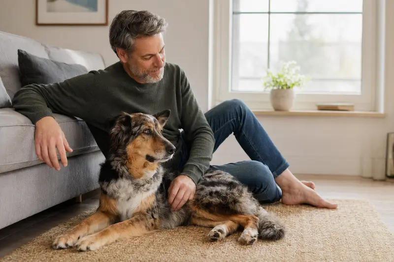 Glücklicher Hund sitzt entspannt neben seinem Halter in einer hellen Wohnung – ein freundliches Hero-Bild zum Thema Hundversicherung und Tiergesundheit.