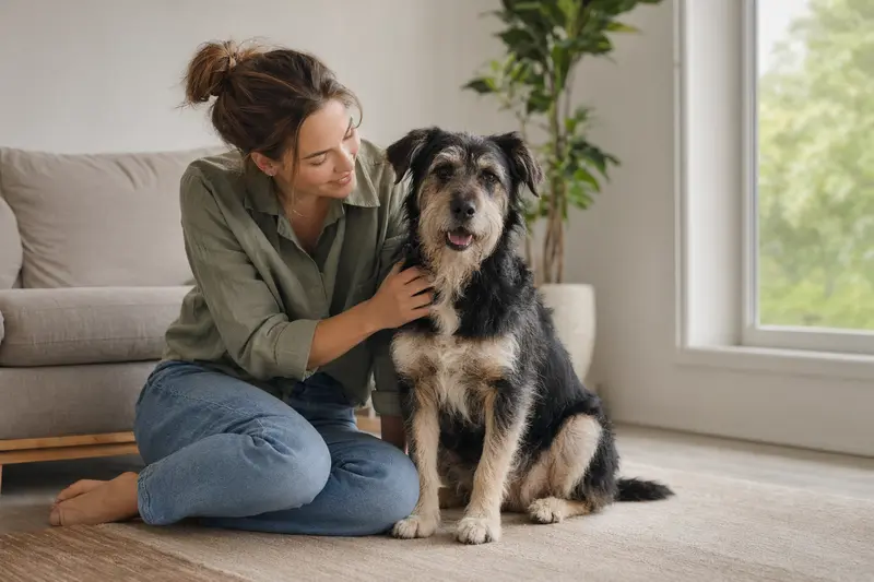 Ein gesunder Urrador sitzt entspannt neben seinem Besitzer in einer hellen Wohnung, passend zum Thema Hundekrankenversicherung.