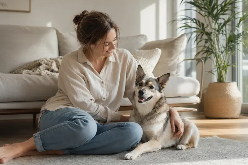 Ein freundlicher Vallhund sitzt entspannt neben seinem Halter in einer hellen Wohnung und vermittelt eine vertrauensvolle Atmosphäre rund um die Hundeversicherung.