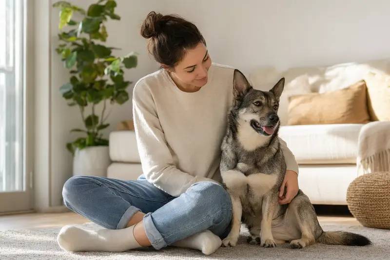 Ein gesunder Västgötaspets sitzt entspannt neben seinem Halter in einer hellen modernen Wohnung und vermittelt Vertrauen rund um Hundekrankenversicherung.