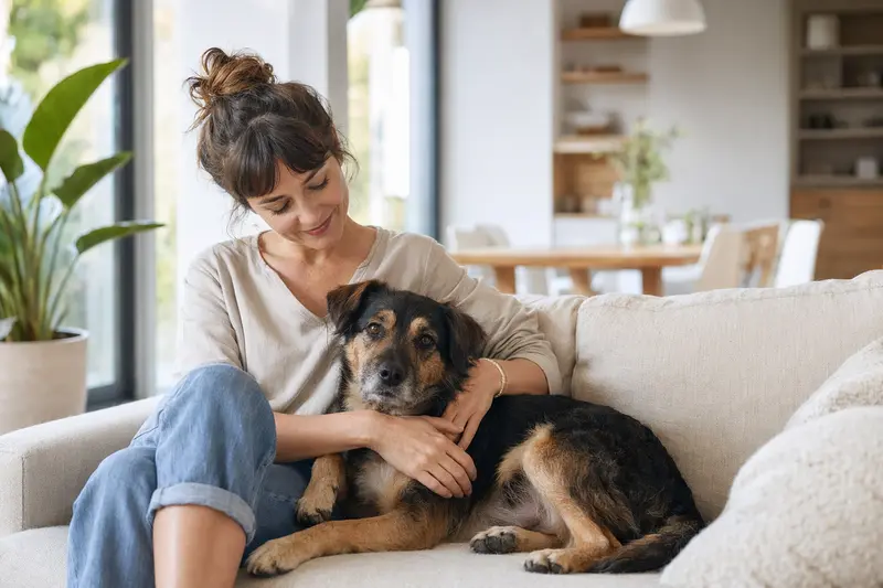 Glücklicher Hund sitzt entspannt neben seinem Halter in einer hellen Wohnung als Hero-Bild für Hundekrankenversicherung.