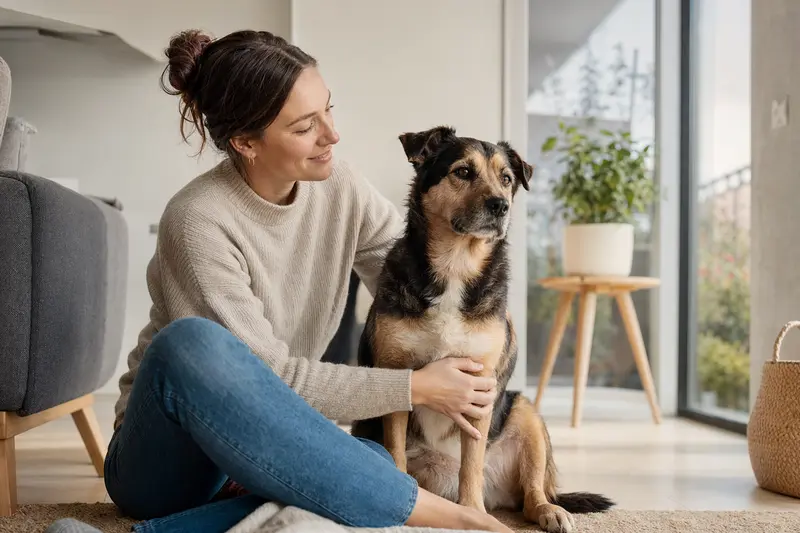 Ein glücklicher Hund sitzt neben seinem Besitzer in einer modernen Wohnung und strahlt Zufriedenheit aus.