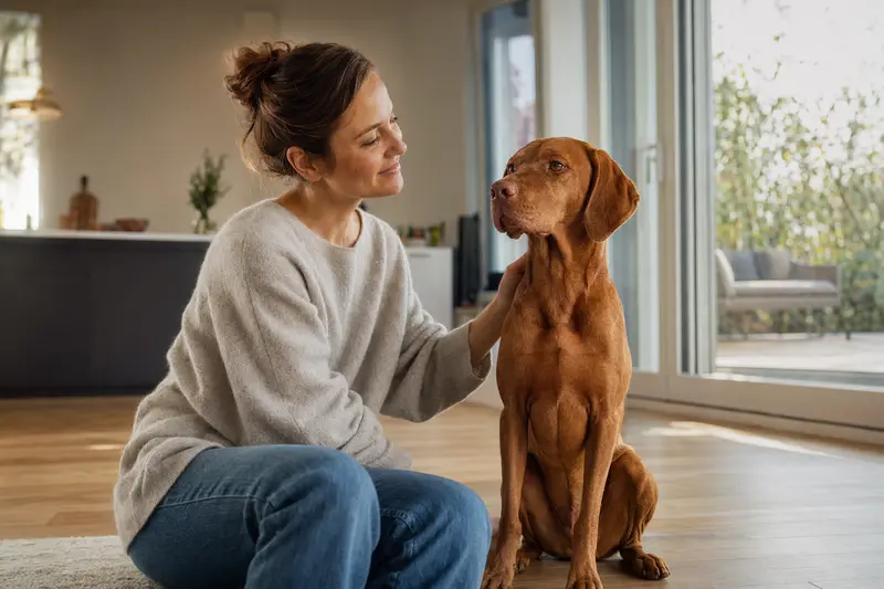 Glücklicher Vizsla sitzt entspannt neben seinem Halter in einer modernen Wohnung