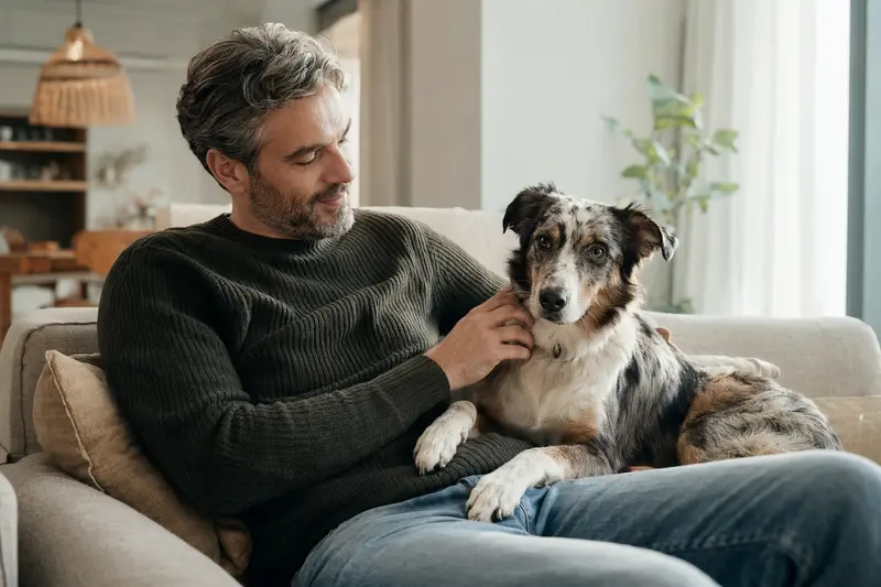 Ein freundlicher Wachtelhund sitzt entspannt neben seinem Besitzer in einer hellen Wohnung und vermittelt eine vertrauensvolle Hundeversicherung-Situation.