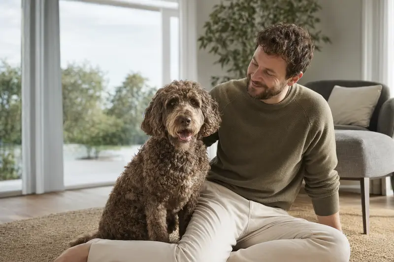 Glücklicher Wasserhund der Romagna sitzt entspannt neben seinem Halter in einer hellen Wohnung, passend zum Thema Hundekrankenversicherung.