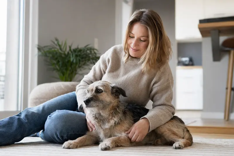 Ein freundlicher Waterside Terrier entspannt neben seinem Besitzer in einer hellen Wohnung.