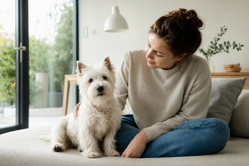 Ein freundlicher Weißer Hochlandterrier sitzt entspannt neben seinem Besitzer in einer modernen Wohnung.