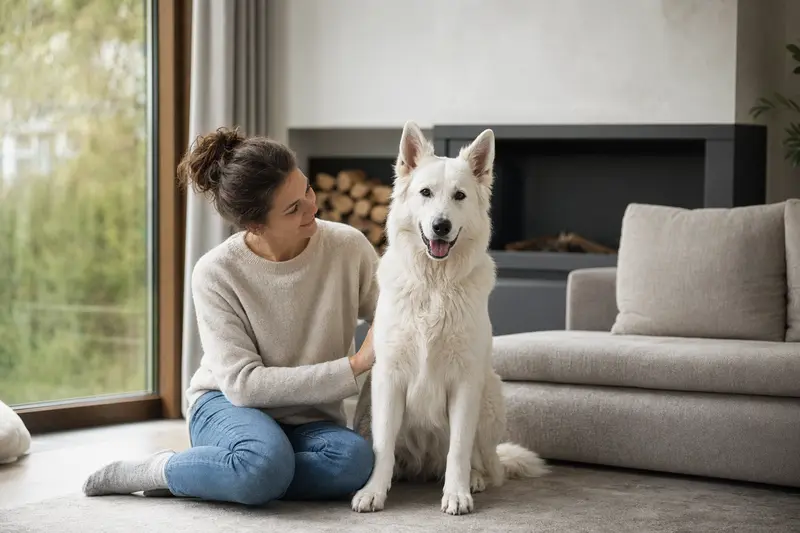 Ein entspannter Weißer Schweizer Schäferhund sitzt neben seinem Halter in einer modernen Wohnung, umgeben von warmer natürlicher Beleuchtung.