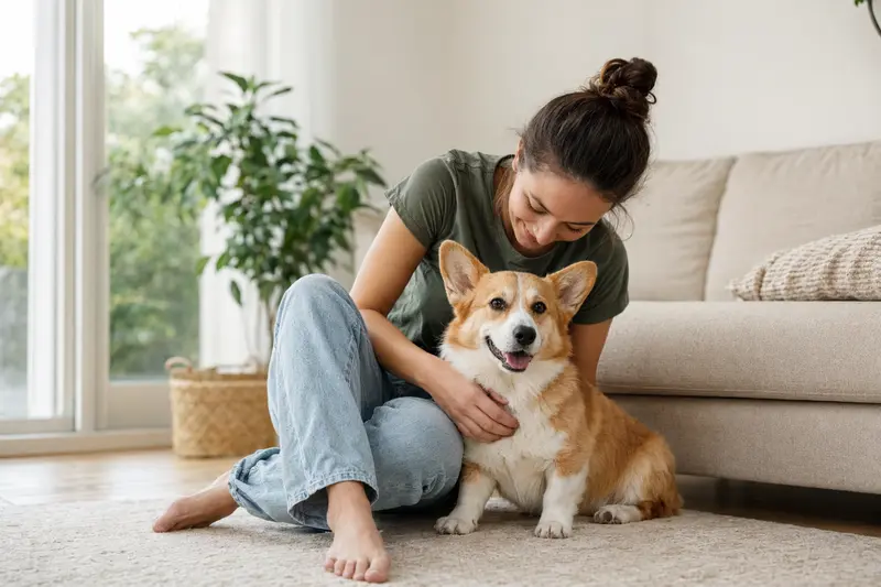 Glücklicher Welsh Corgi Pembroke mit seinem Besitzer in einer hellen Wohnung, die Vertrauen und Gemütlichkeit ausstrahlen.