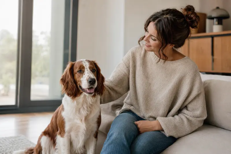 Ein glücklicher Welsh Springer Spaniel sitzt entspannt neben seinem Besitzer in einer hellen, modernen Wohnung.