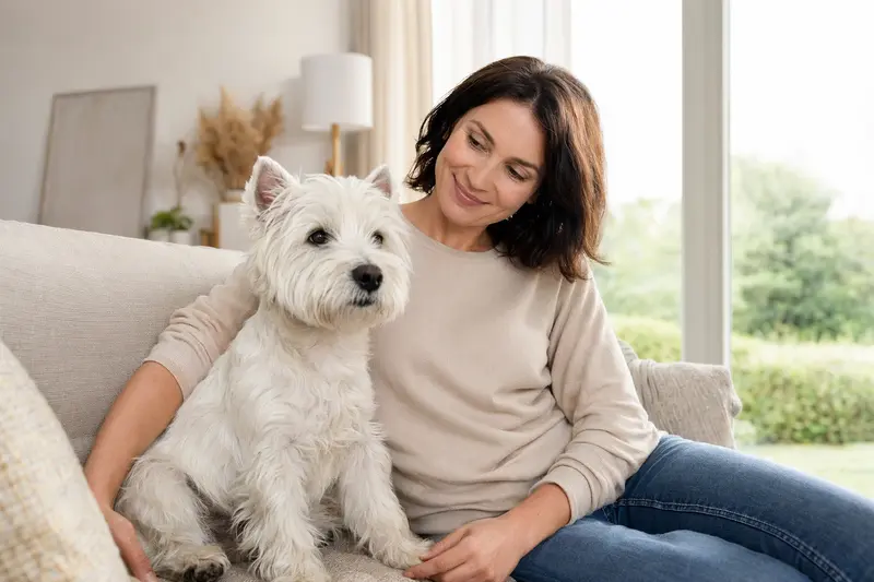 Ein glücklicher West Highland White Terrier sitzt entspannt neben seinem Besitzer in einer modernen Wohnung.